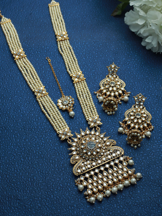 White Coloured Gold-Plated Kundan-Studded & Beaded Handcrafted Jewellery Set - Jazzandsizzle