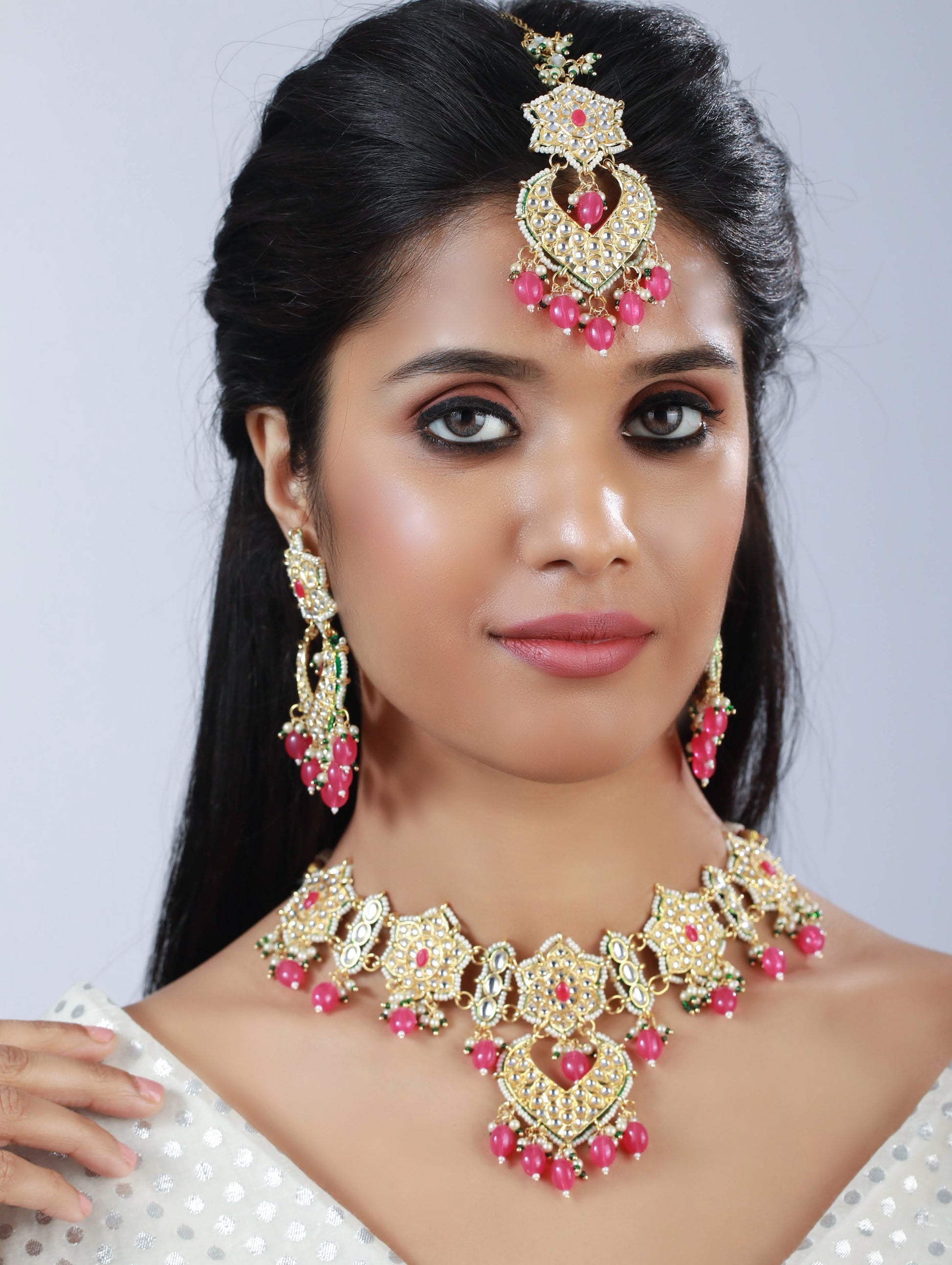 Pink Gold-Plated Kundan-Studded Enamelled Beaded Jewellery Set - Jazzandsizzle