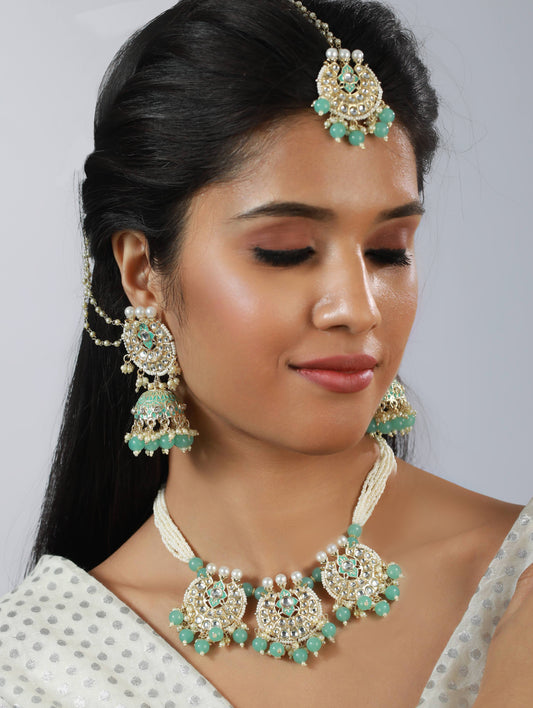 Gold-Plated Sea Green & White Kundan Studded & Beaded Enamelled Handcrafted Jewellery Set - Jazzandsizzle