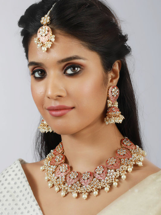 Gold-Plated Marron & White Stone-Studded & Pearl Beaded Meenakari Jewellery Set - Jazzandsizzle