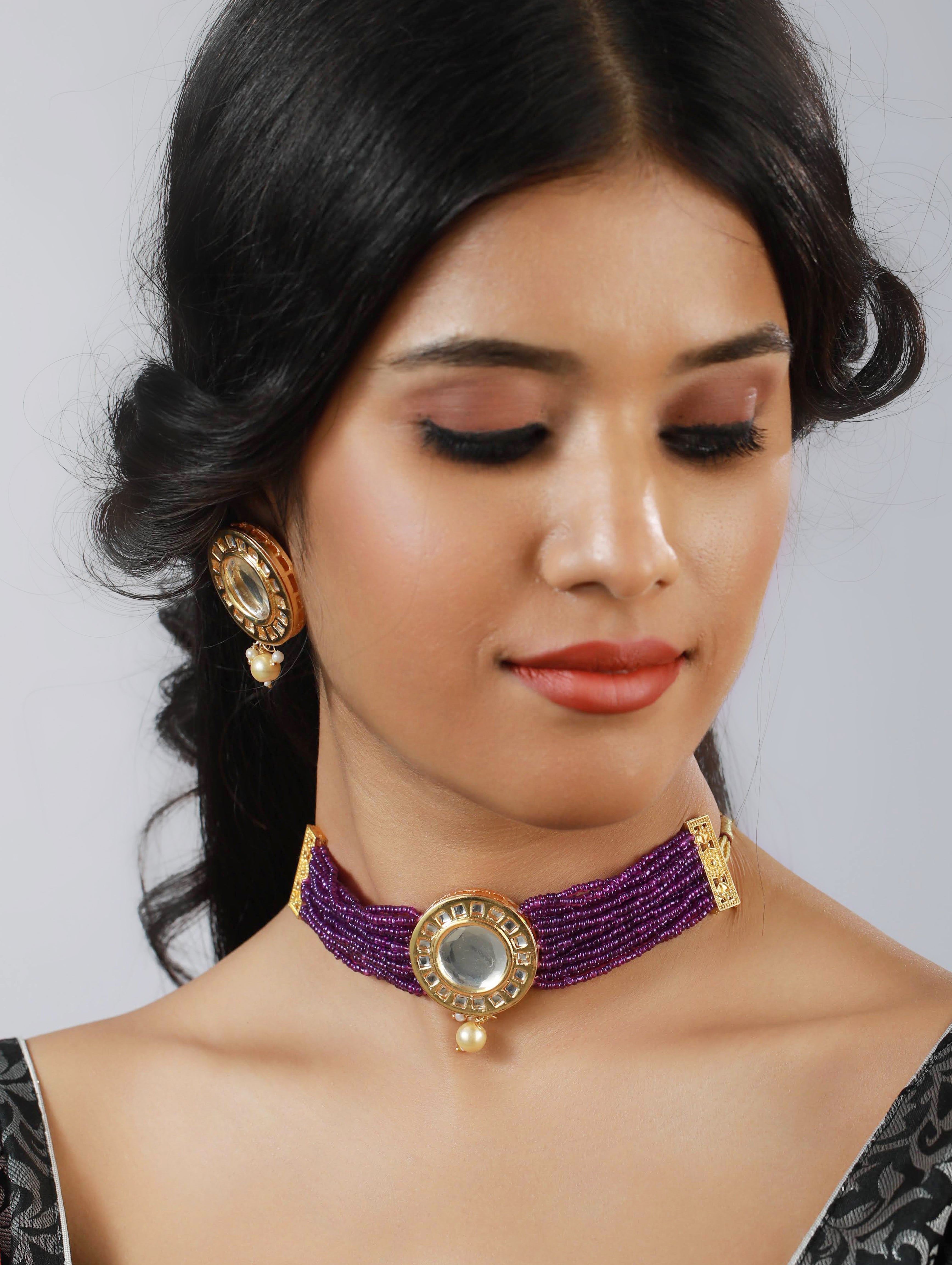 Gold Plated Round Kundan Studded & Purple Beaded Handcrafted Choker Jewellery Set - Jazzandsizzle