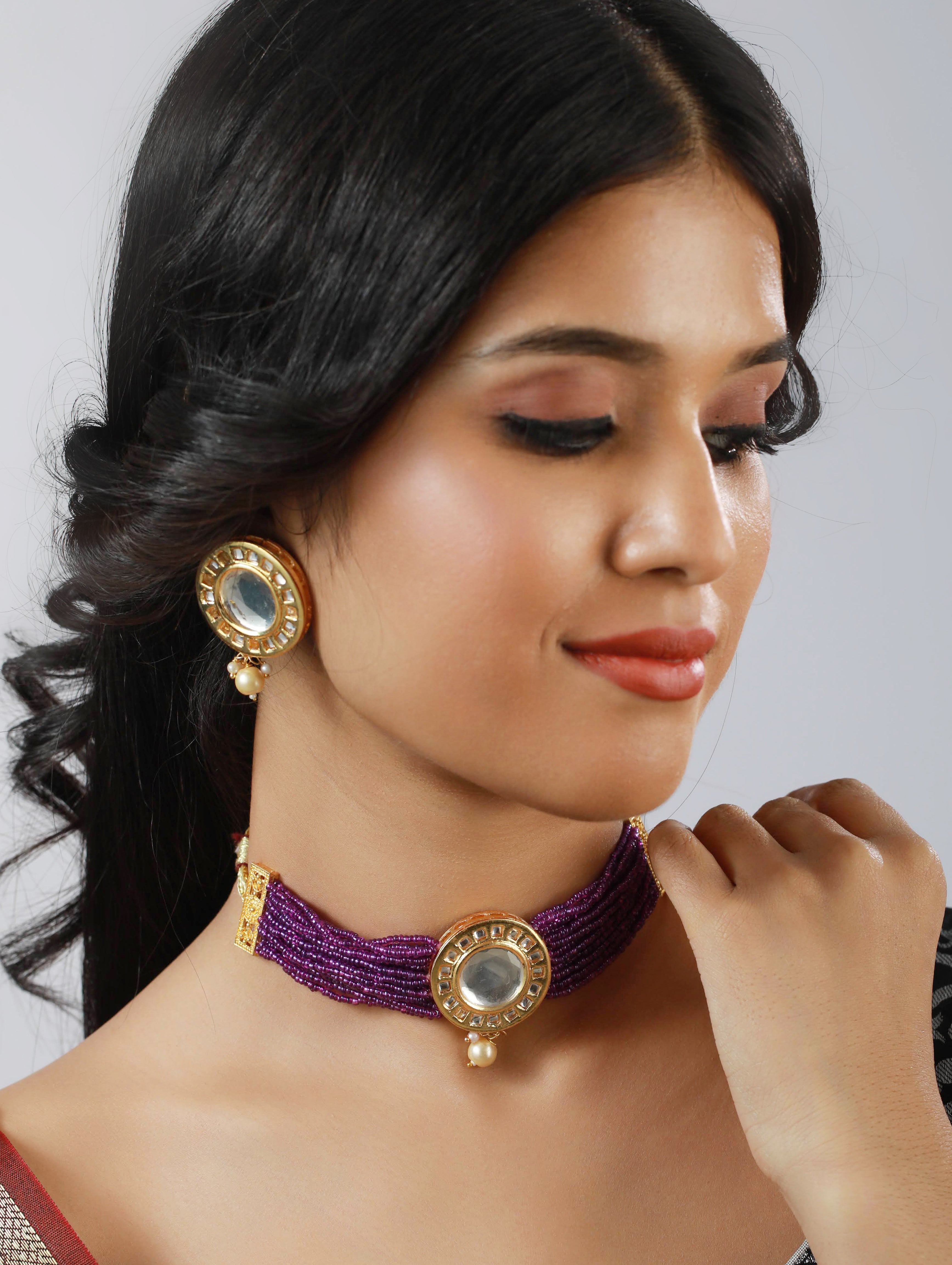 Gold Plated Round Kundan Studded & Purple Beaded Handcrafted Choker Jewellery Set