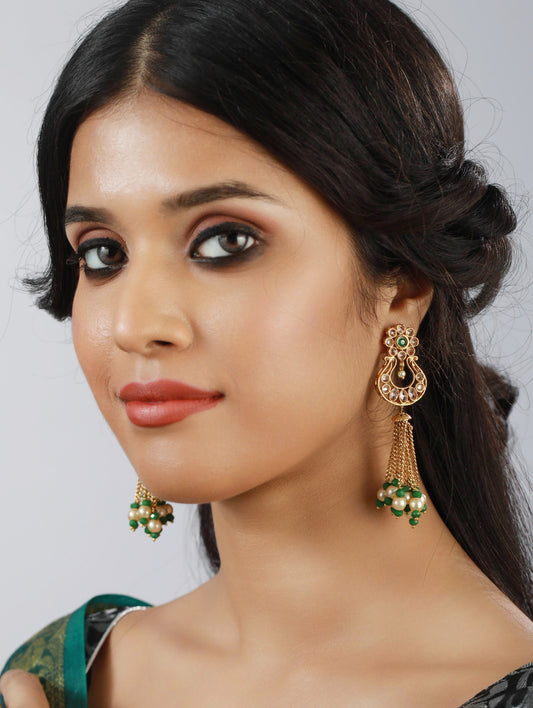 White & Green Classic Beads & Kundan Studed,Gold Plated Chandbali Earrings - Jazzandsizzle