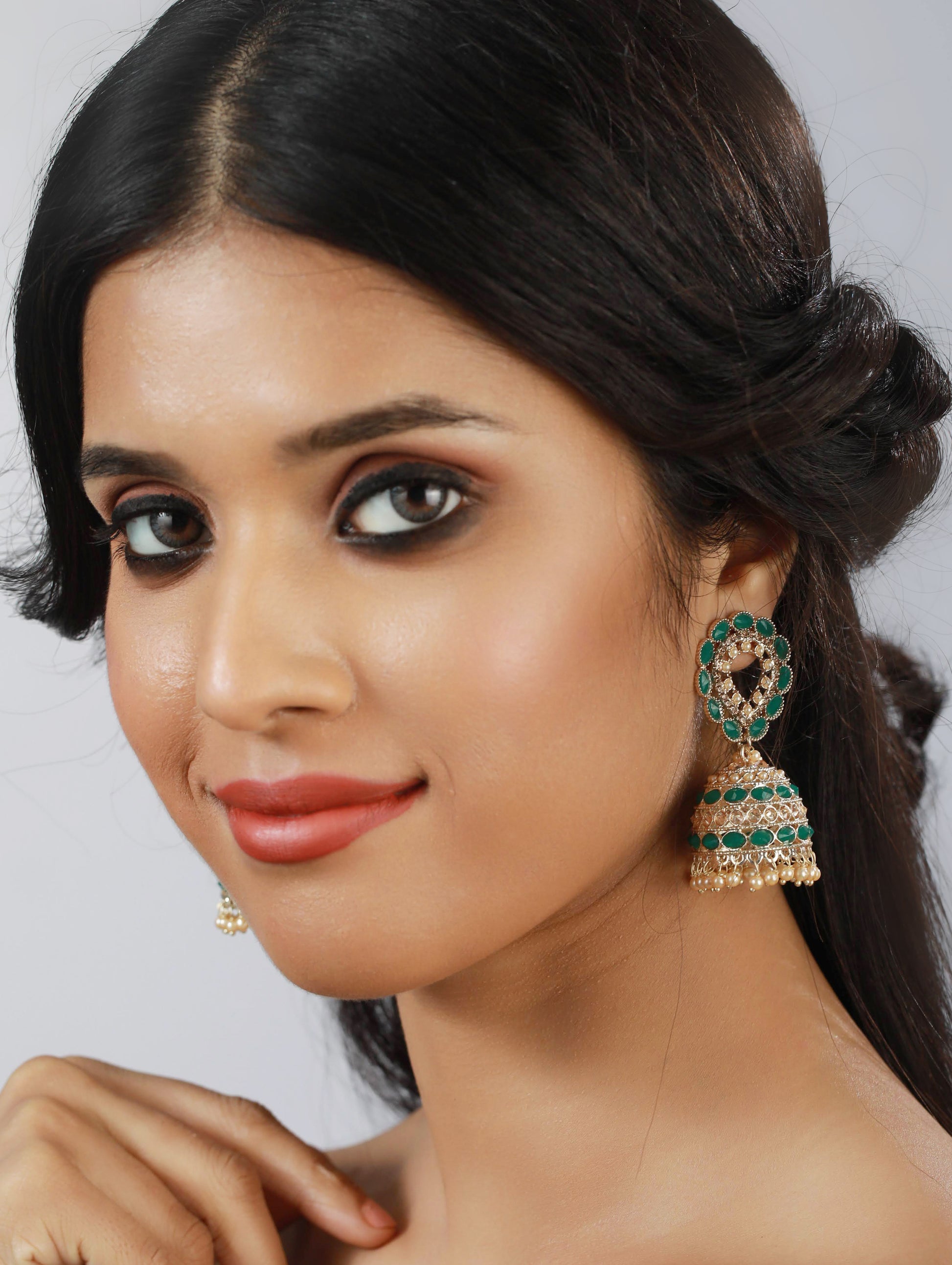 Green & White Contemporary Jhumkas Earrings - Jazzandsizzle