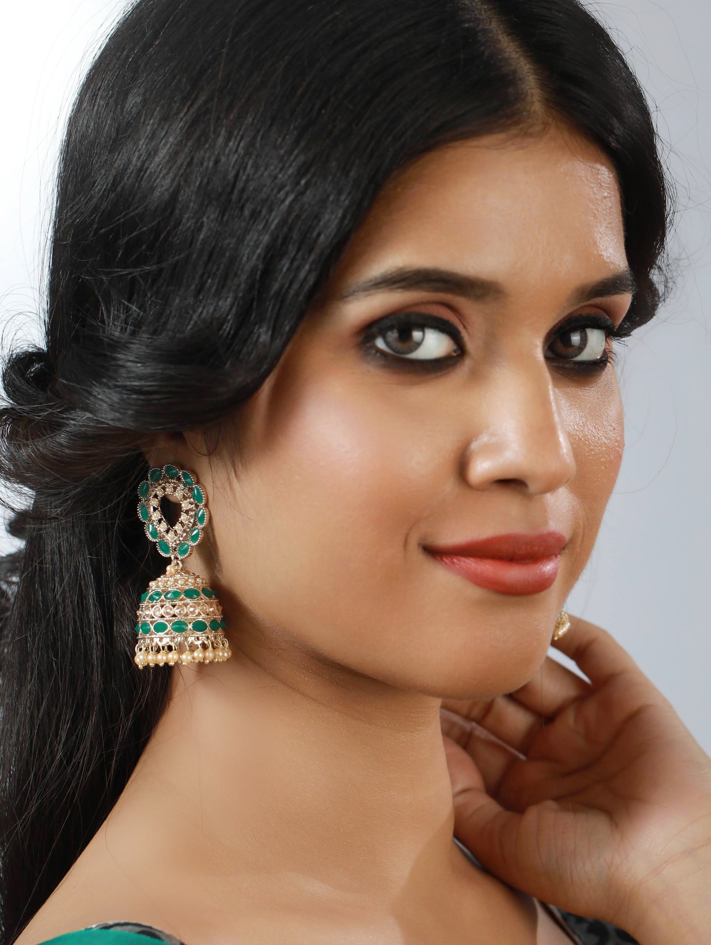 Green & White Contemporary Jhumkas Earrings - Jazzandsizzle