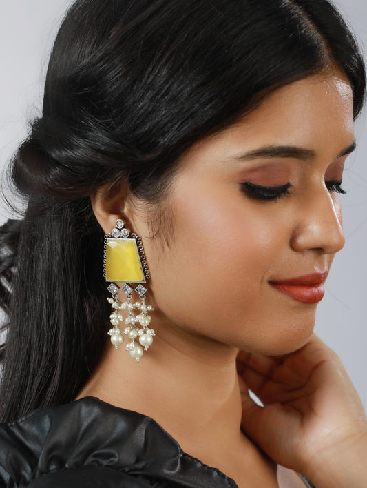 Silver Toned &Yellow Stone & AD studded Contemporary Drop Earrings - Jazzandsizzle