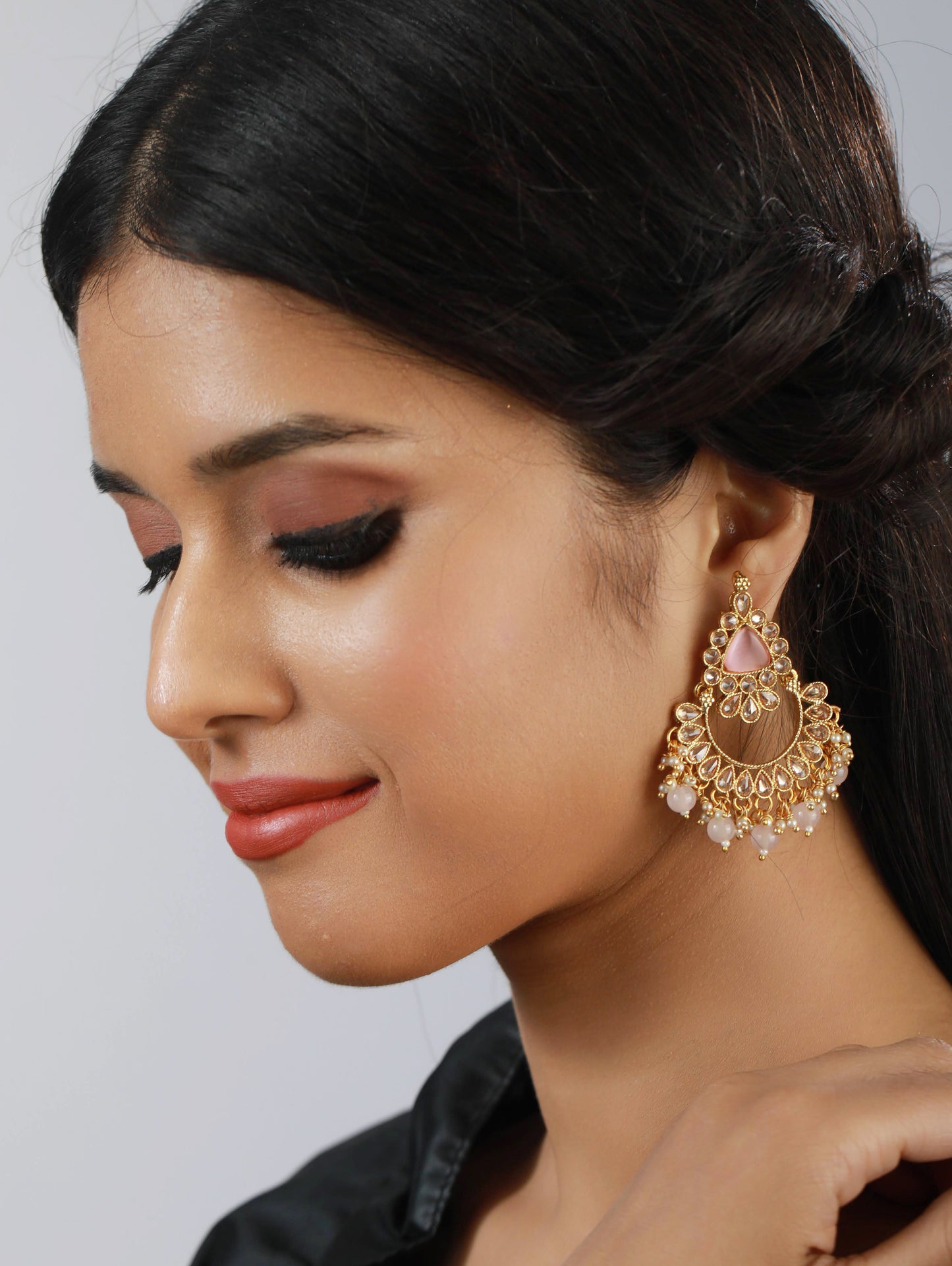 White Kundan Studed & Pink Stone,Gold Plated Chandbali Earrings - Jazzandsizzle