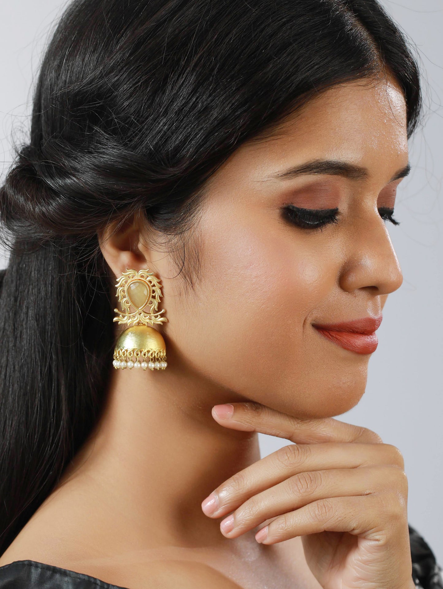 Gold-Plated & Yellow MonaLisa stone studded Dome-Shaped White Beaded Jhumka - Jazzandsizzle