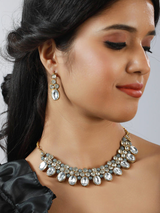 Gold-Plated Grey Crystal & Stone Studded Jewellery Set - Jazzandsizzle