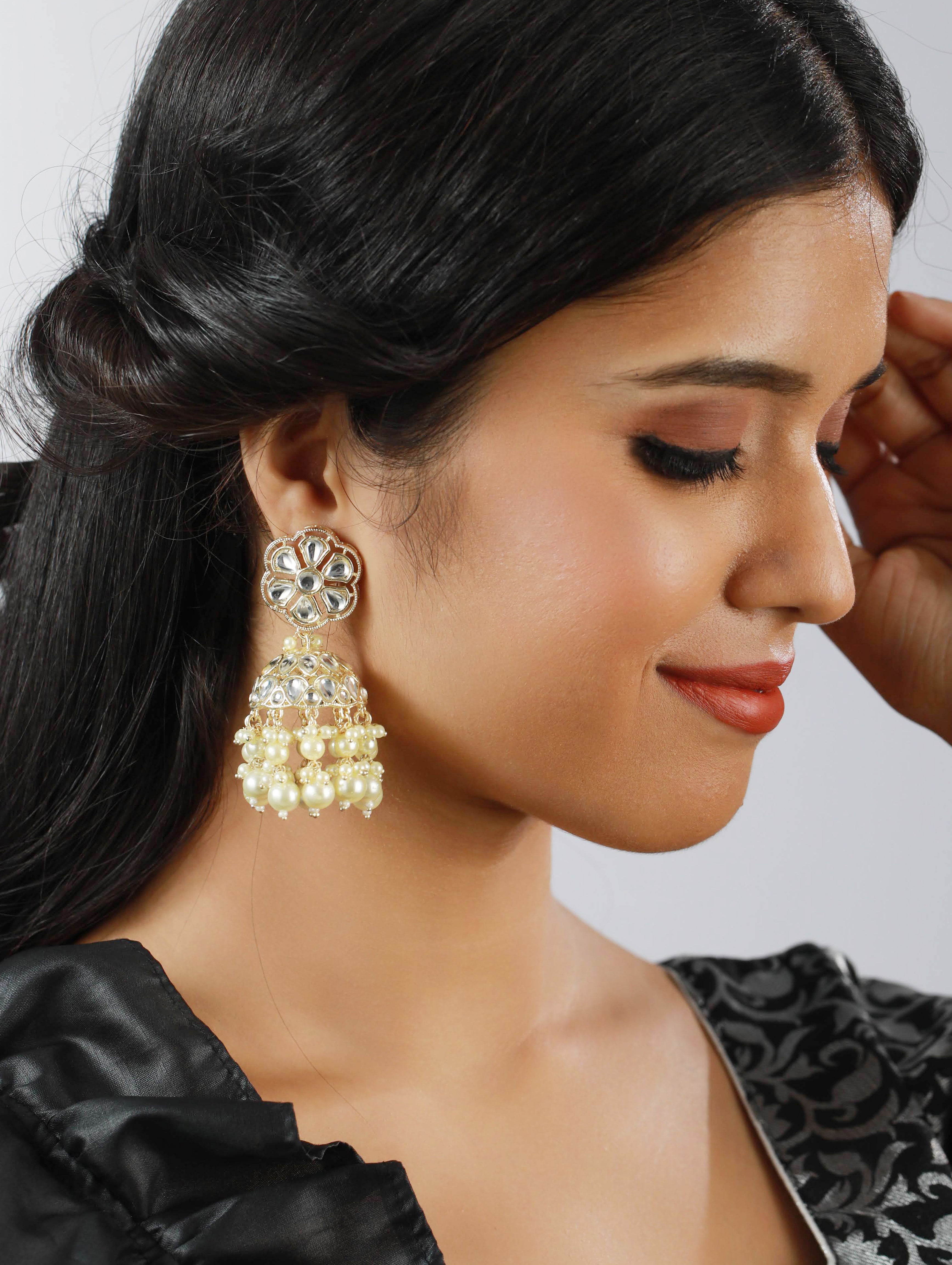 Off White Beads Kundan studded & Beaded Contemporary Jhumkas Earrings