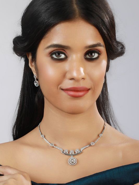 Silver-Plated American Diamond & CZ Stone-Studded Jewellery Set - Jazzandsizzle