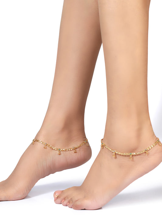 Set of 2 Gold-Plated Green & Marron Stone Studded Handcrafted Anklets - Jazzandsizzle