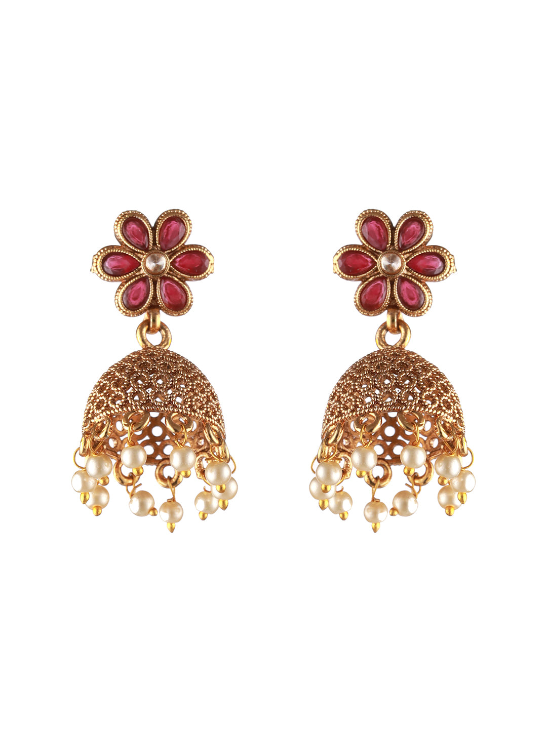 Gold Plated & Red Stone Studded, Pearl Beaded Dome Shaped Jhumka Earrings