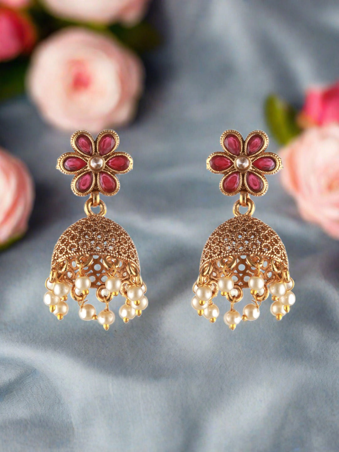 Gold Plated & Red Stone Studded, Pearl Beaded Dome Shaped Jhumka Earring - Jazzandsizzle