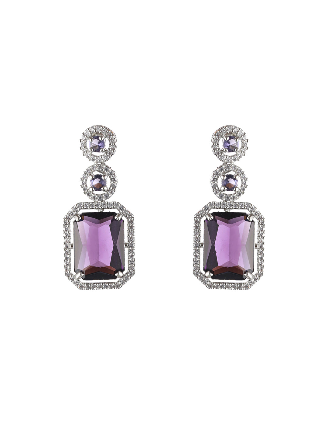 Silver Plated Purple American Diamond Studded Drop Earrings - Jazzandsizzle