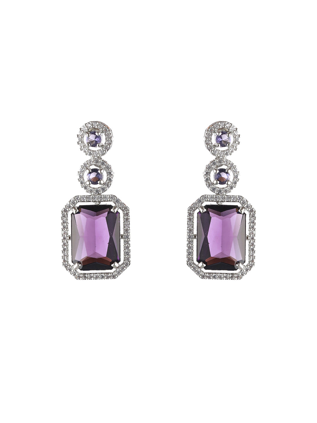 Silver Plated Purple American Diamond Studded Drop Earrings - Jazzandsizzle