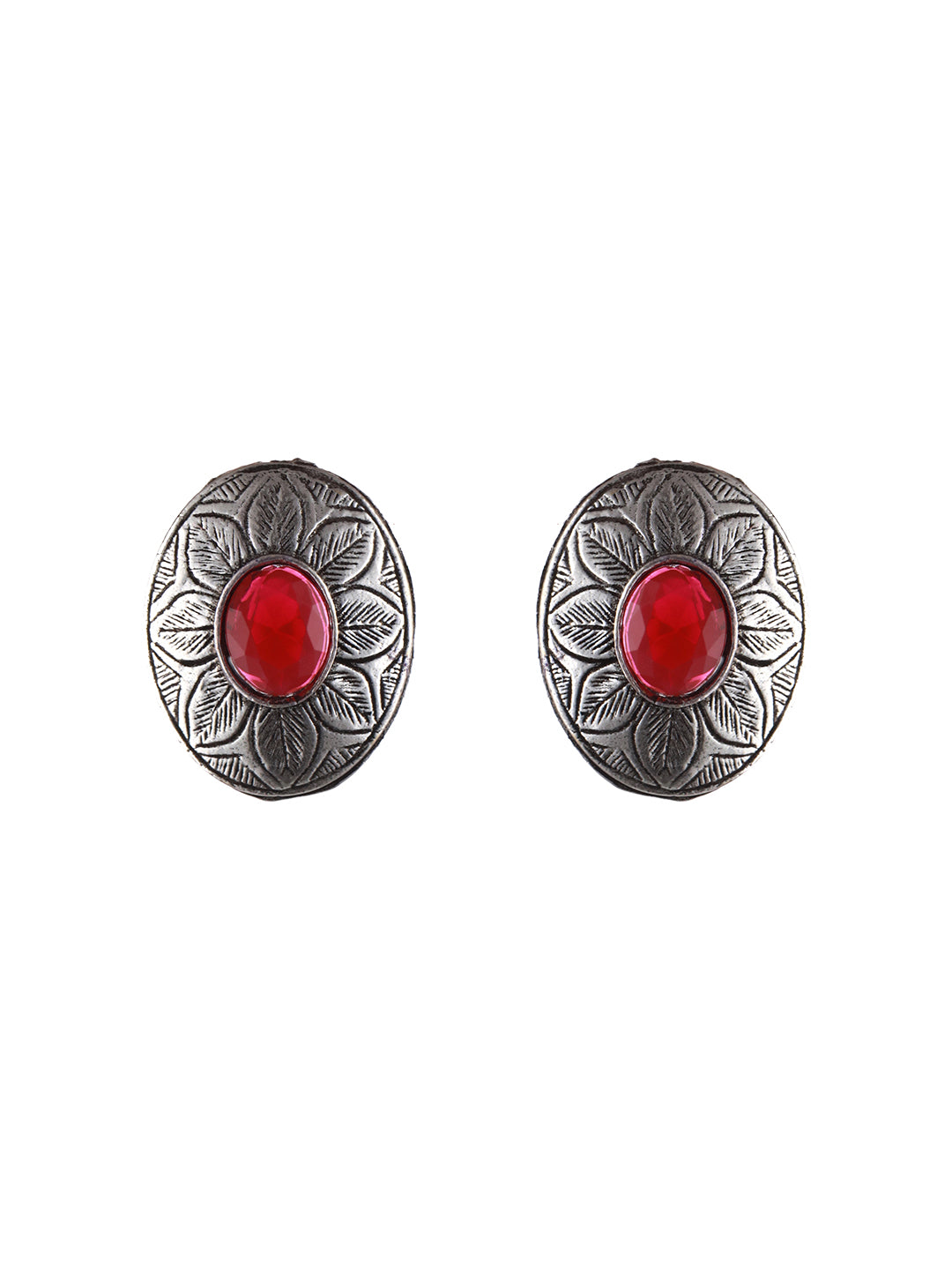 Oxidised Silver-Tone Red Stone Studded Jewellery Set - Jazzandsizzle