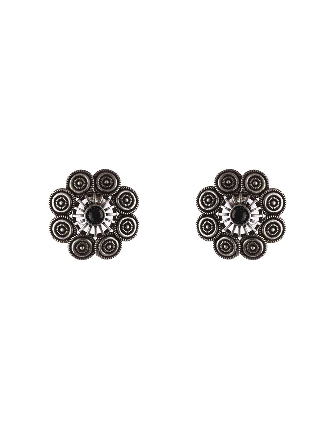 Oxidised Silver-Tone Black Stone Studded Floral Jewellery Set - Jazzandsizzle