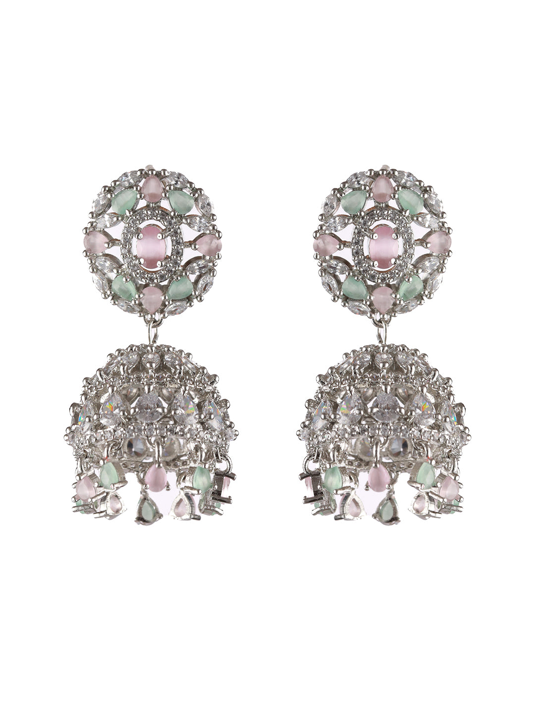 Silver Plated Pink & Mint Green American Diamond Studded Handcrafted Necklace Set With Maangtikka - Jazzandsizzle