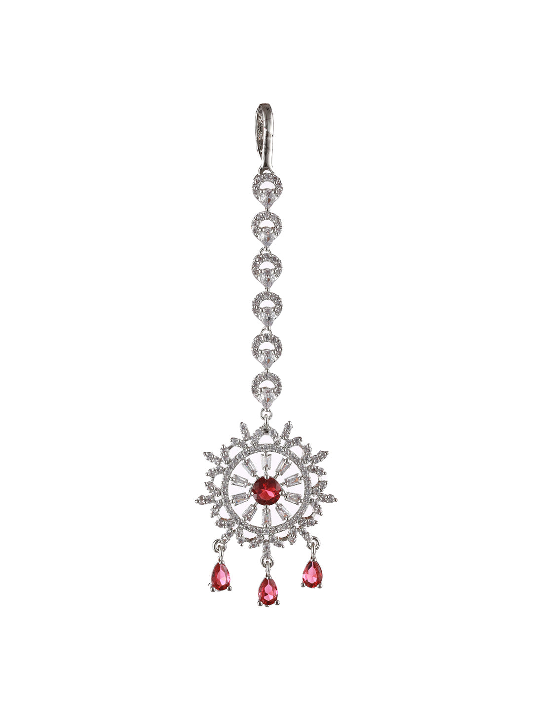 Silver Plated Ruby American Diamond Studded Handcrafted Necklace Set With Maangtikka - Jazzandsizzle