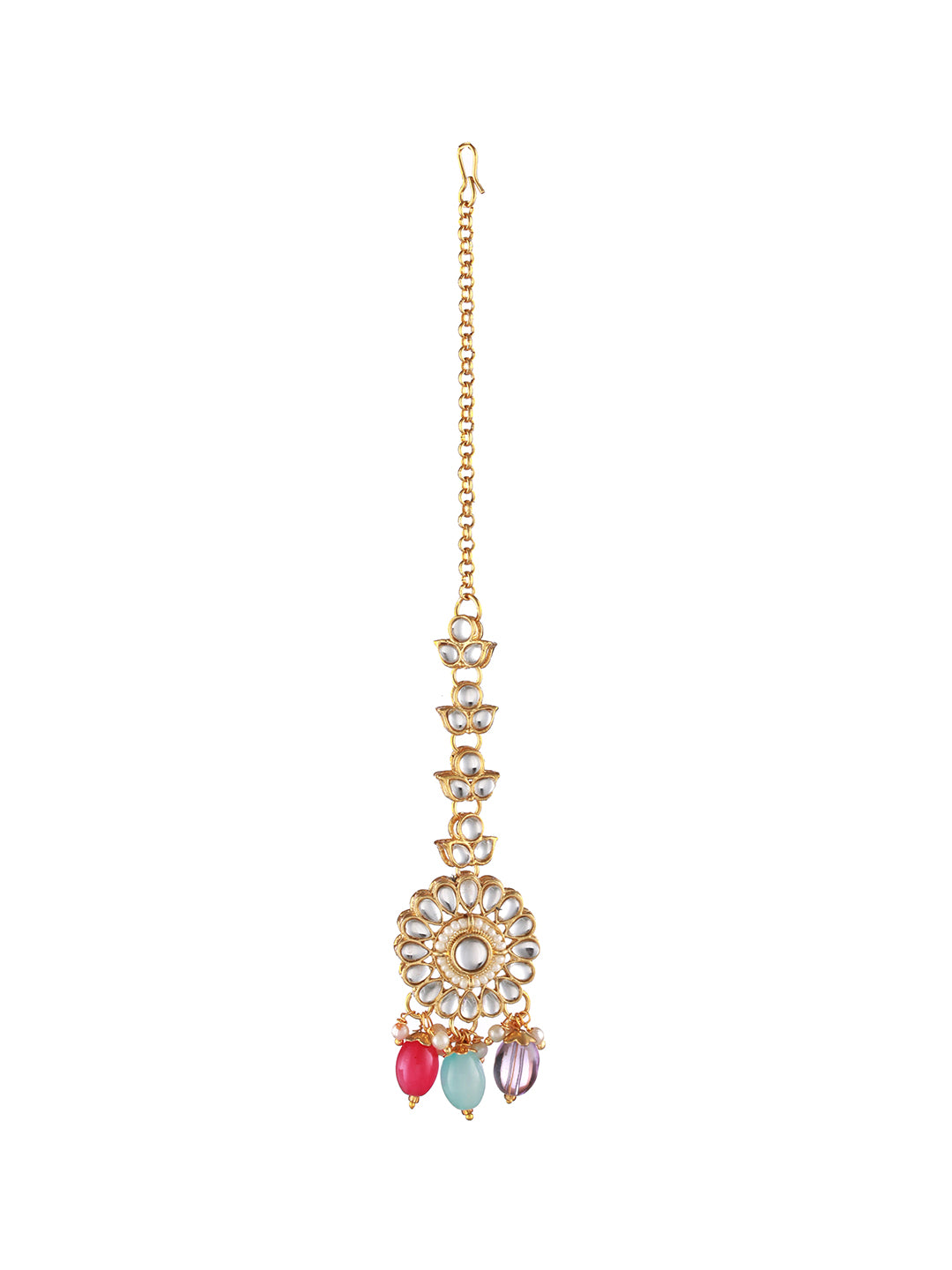 Gold-Plated Multicolored Kundan Studded & Pearl Beaded Choker Jewellery Set with Maangtikka - Jazzandsizzle