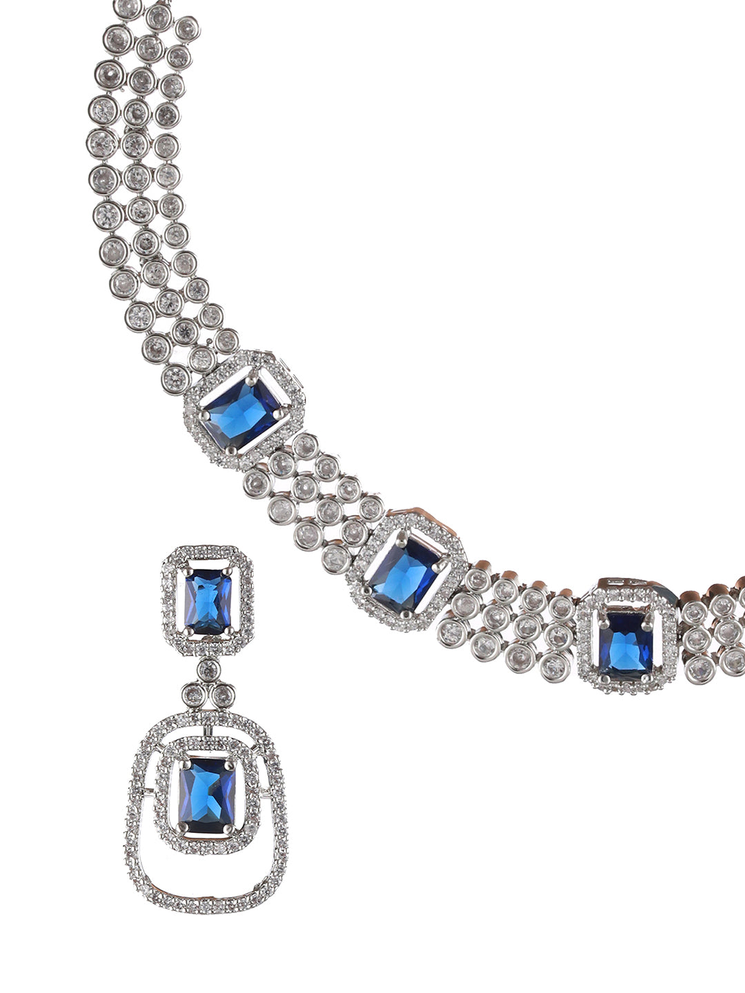 Silver Plated Blue American Diamond Studded Handcrafted Jewellery Set - Jazzandsizzle