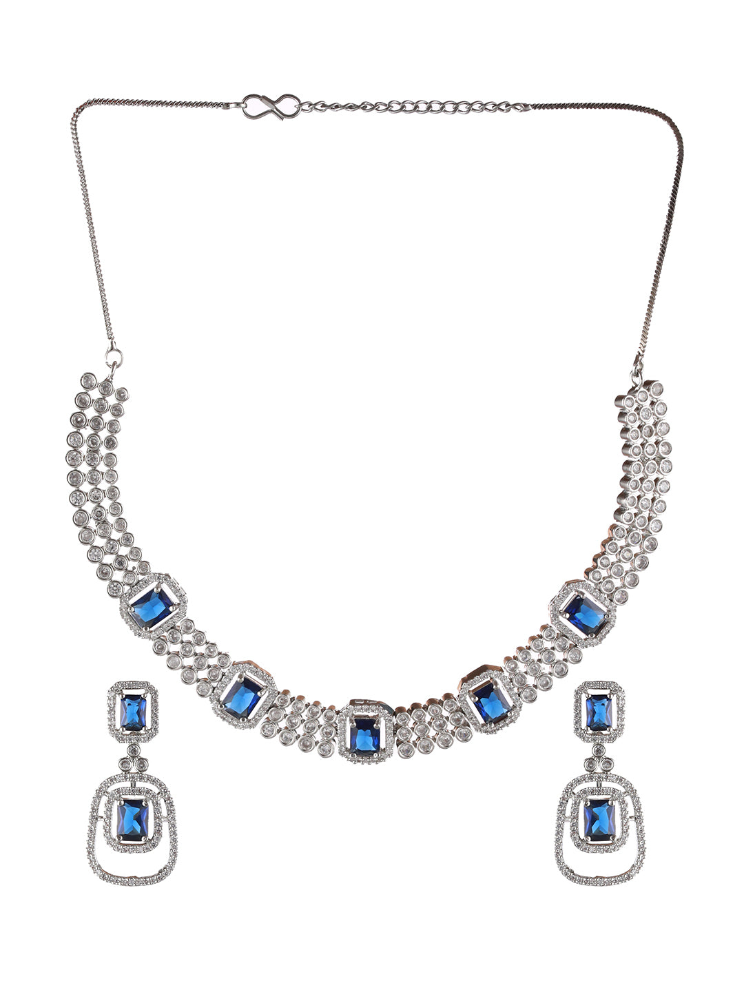 Silver Plated Blue American Diamond Studded Handcrafted Jewellery Set