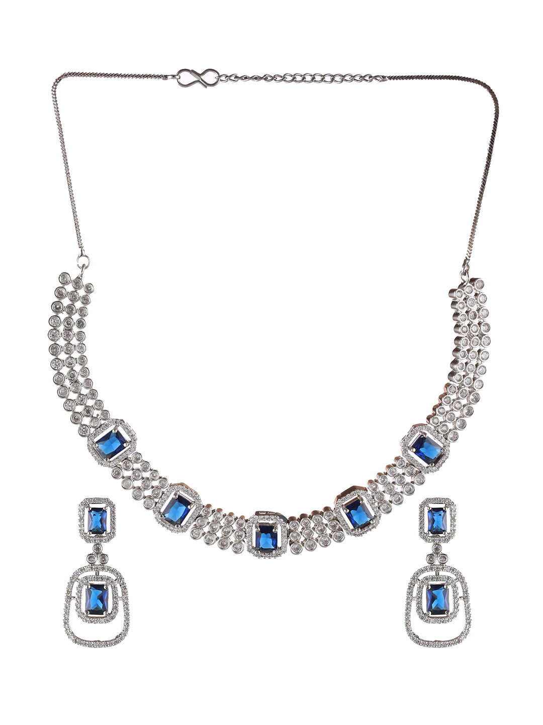 Silver Plated Blue American Diamond Studded Handcrafted Jewellery Set - Jazzandsizzle