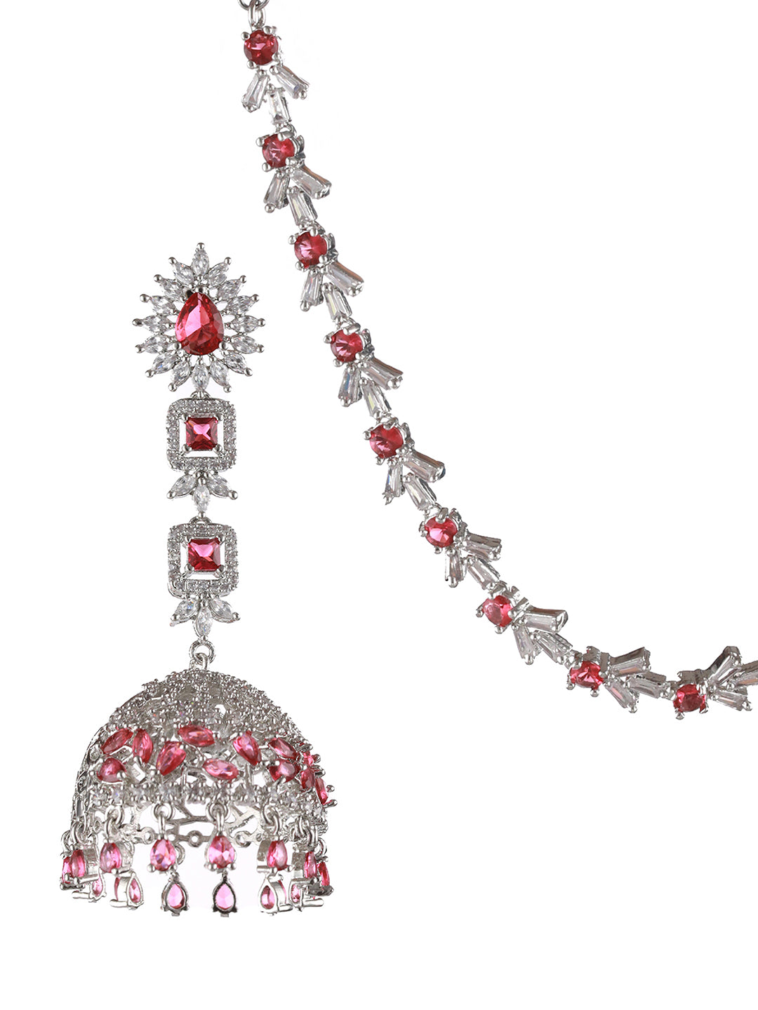 Silver Plated Ruby American Diamond Studded Handcrafted Necklace Set With Maangtikka - Jazzandsizzle