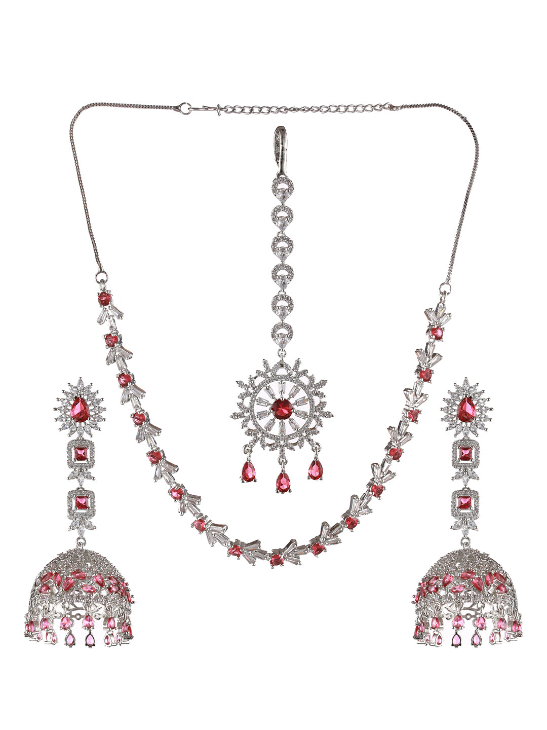 Silver Plated Ruby American Diamond Studded Handcrafted Necklace Set With Maangtikka - Jazzandsizzle