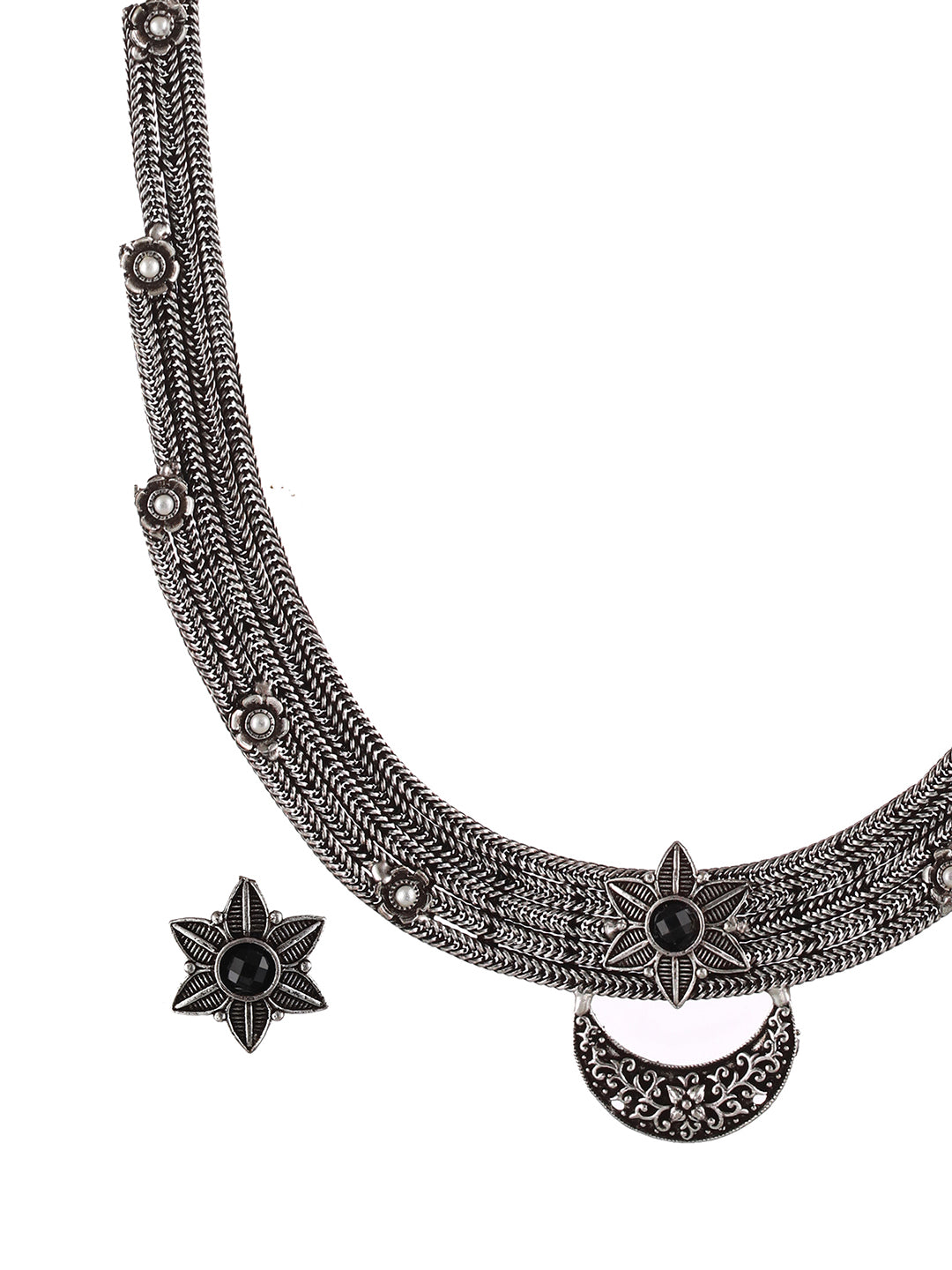 Silver-Toned Red Stone Studded & Pearl Beaded Oxidised Jewellery Set - Jazzandsizzle