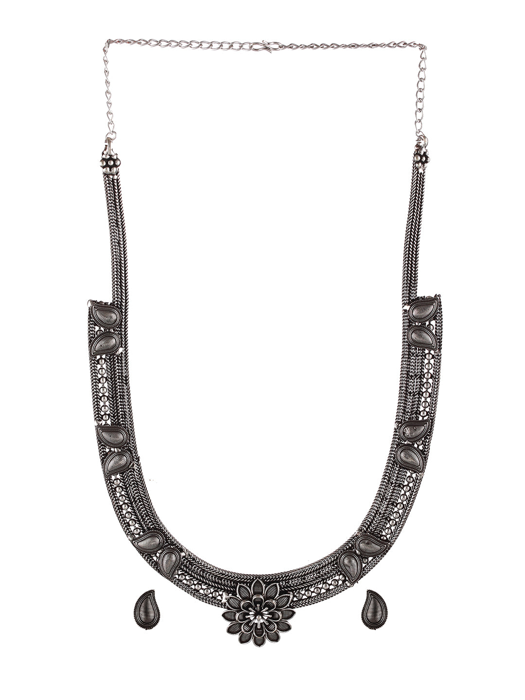 Oxidised Silver-Tone Black Stone Studded Jewellery Set