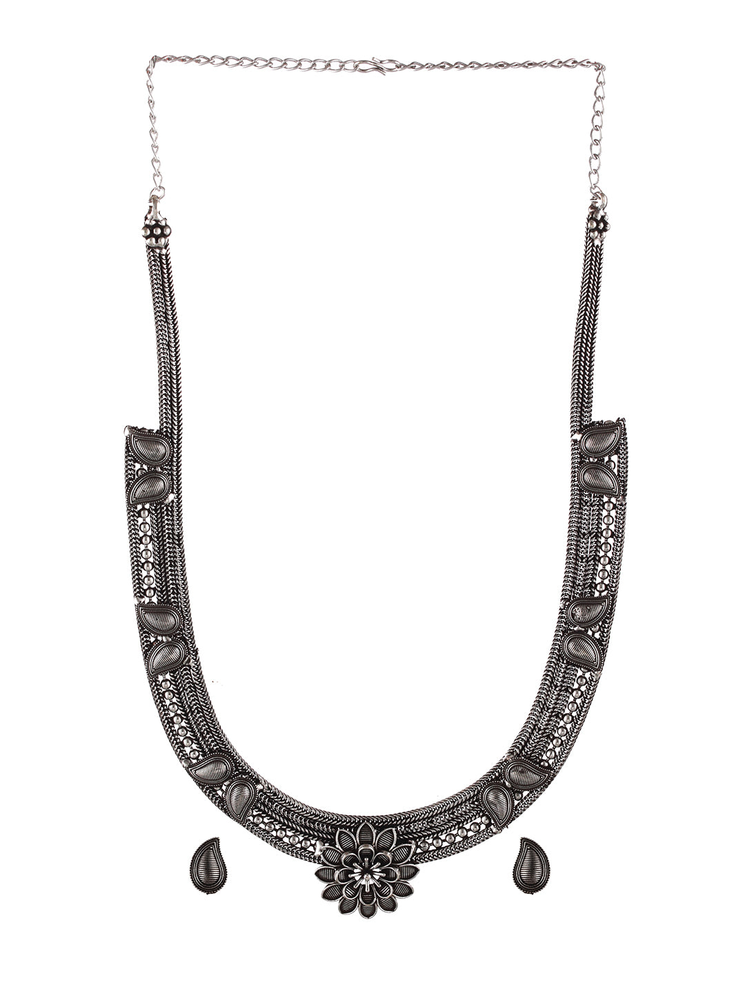 Oxidised Silver-Tone Black Stone Studded Jewellery Set - Jazzandsizzle