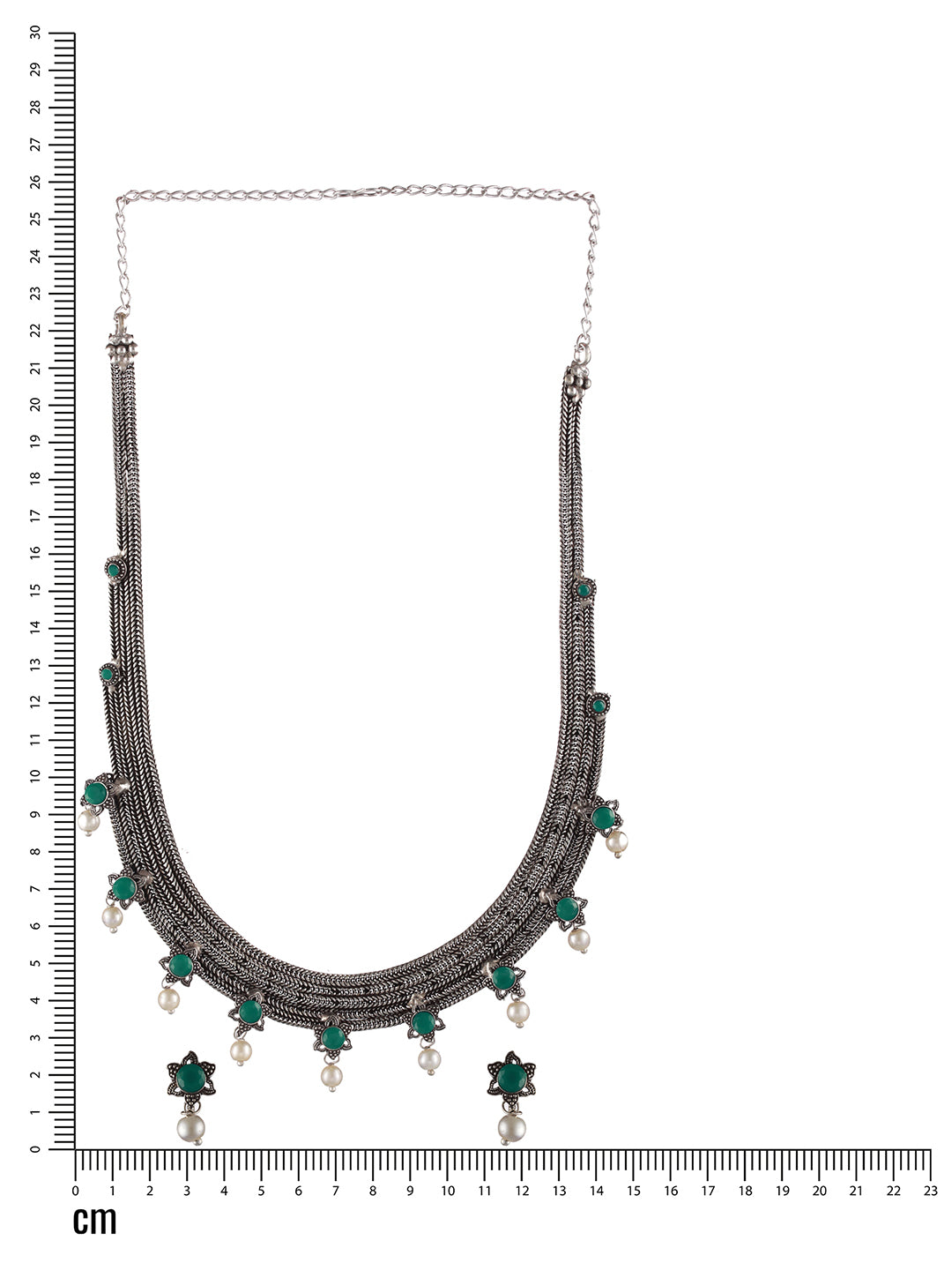 Oxidised Silver-Tone Green Stone Studded & Pearl Beaded Jewellery Set - Jazzandsizzle