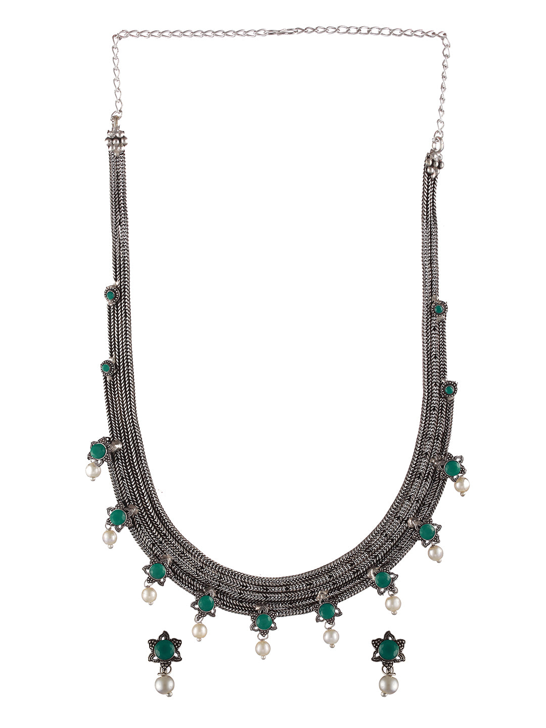 Oxidised Silver-Tone Green Stone Studded & Pearl Beaded Jewellery Set - Jazzandsizzle