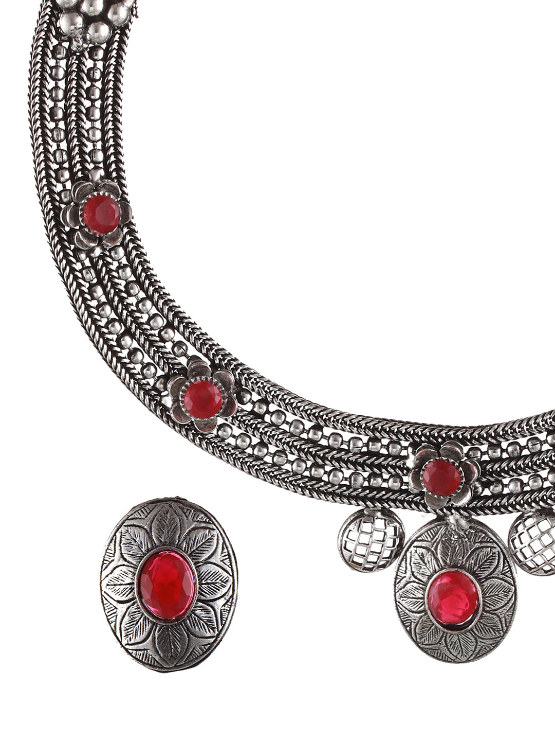 Oxidised Silver-Tone Red Stone Studded Jewellery Set - Jazzandsizzle