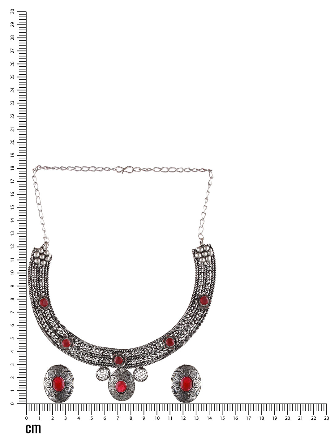 Oxidised Silver-Tone Red Stone Studded Jewellery Set - Jazzandsizzle