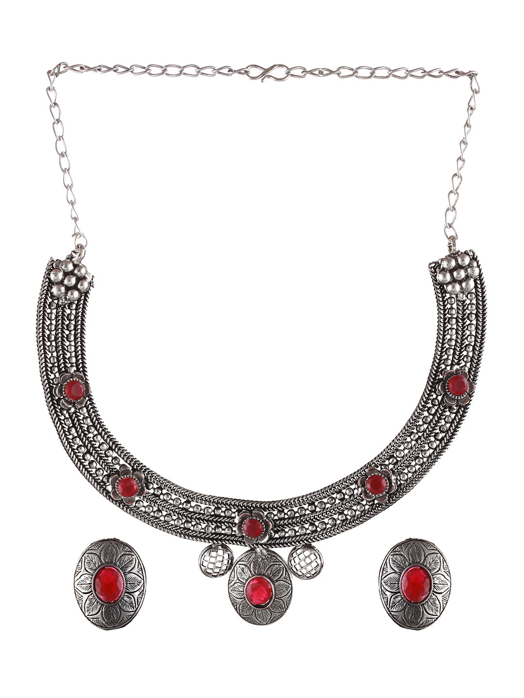 Oxidised Silver-Tone Red Stone Studded Jewellery Set