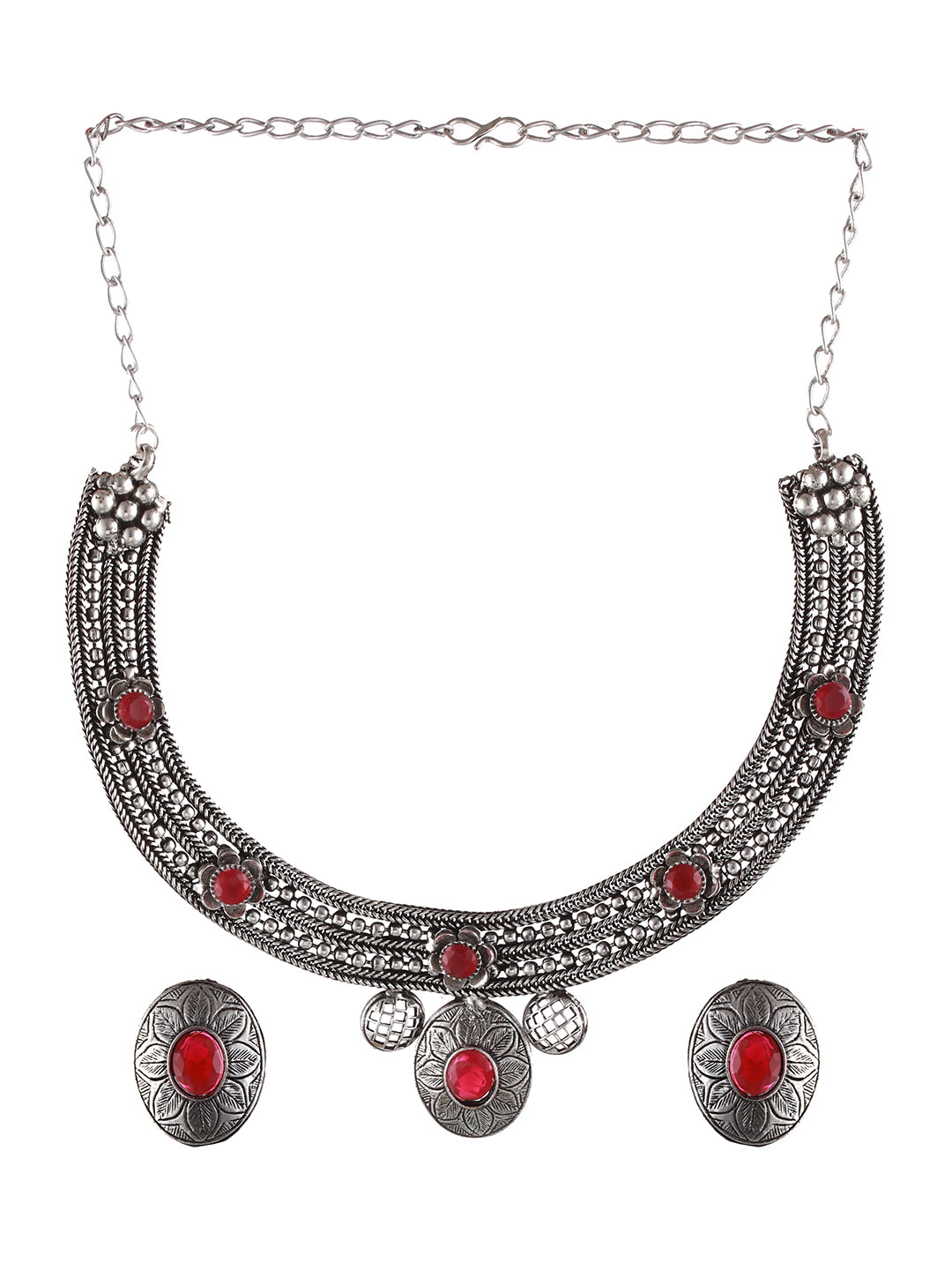 Oxidised Silver-Tone Red Stone Studded Jewellery Set - Jazzandsizzle