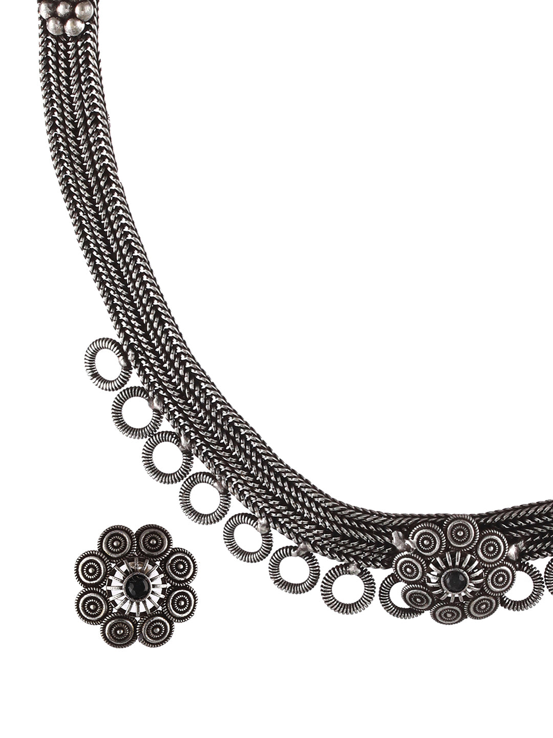 Oxidised Silver-Tone Black Stone Studded Floral Jewellery Set - Jazzandsizzle