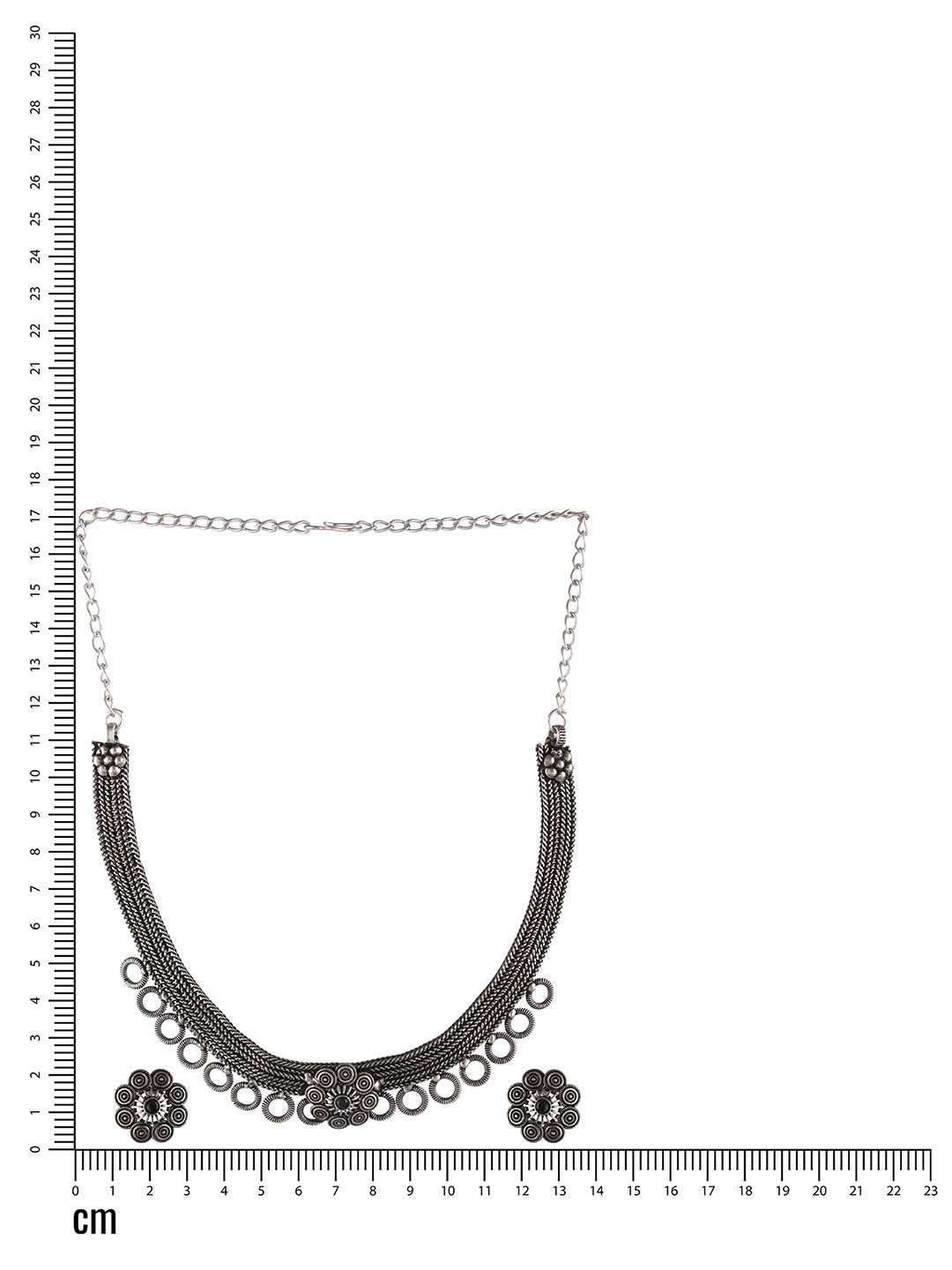 Oxidised Silver-Tone Black Stone Studded Floral Jewellery Set - Jazzandsizzle