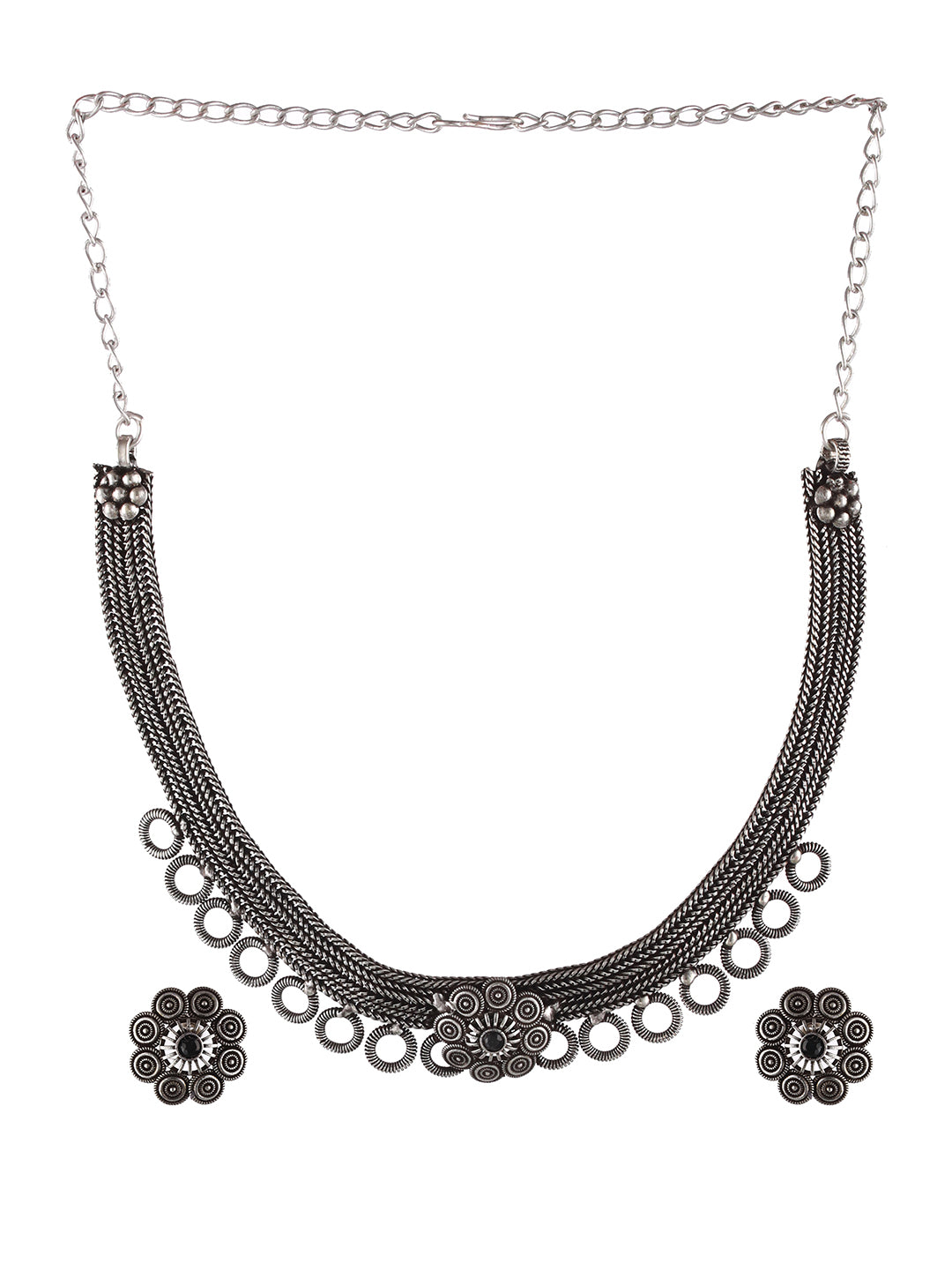 Oxidised Silver-Tone Black Stone Studded Floral Jewellery Set - Jazzandsizzle