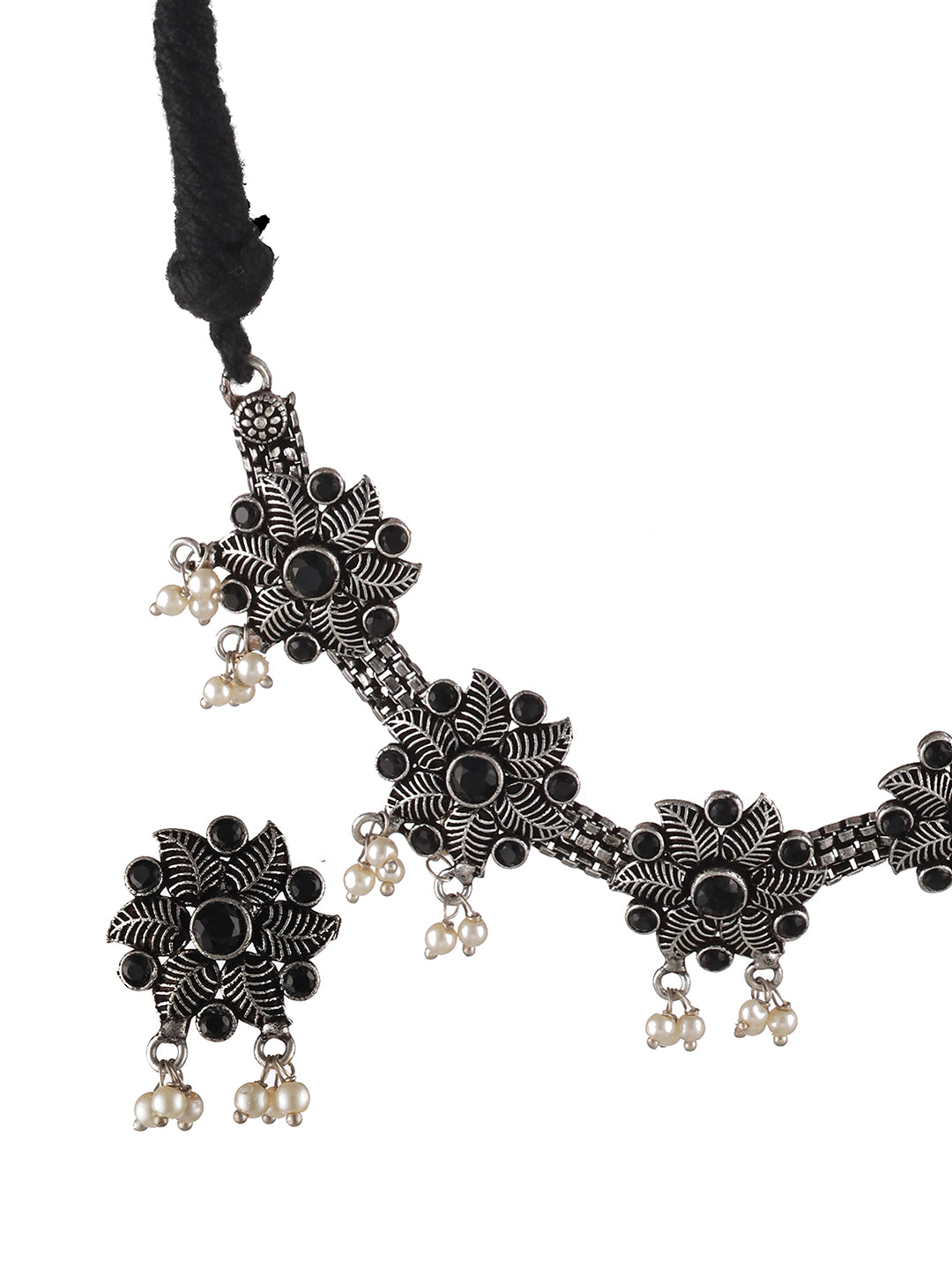 Oxidised Silver-Tone Black Stone Studded & Pearl Beaded Floral Jewellery Set - Jazzandsizzle