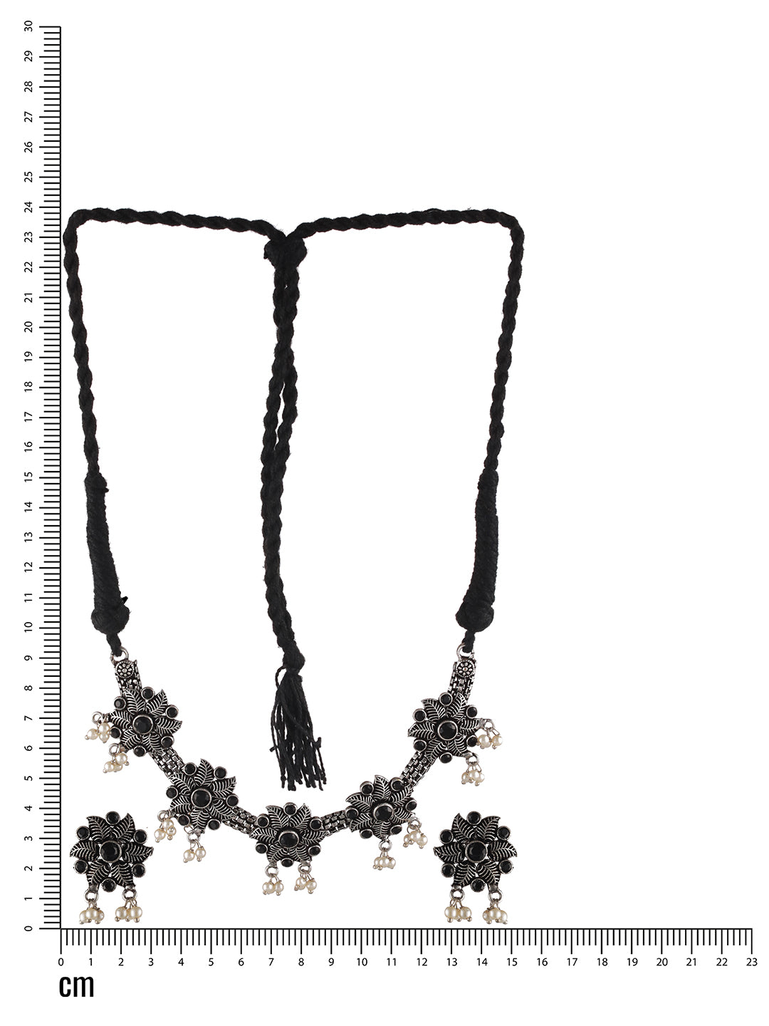 Oxidised Silver-Tone Black Stone Studded & Pearl Beaded Floral Jewellery Set - Jazzandsizzle