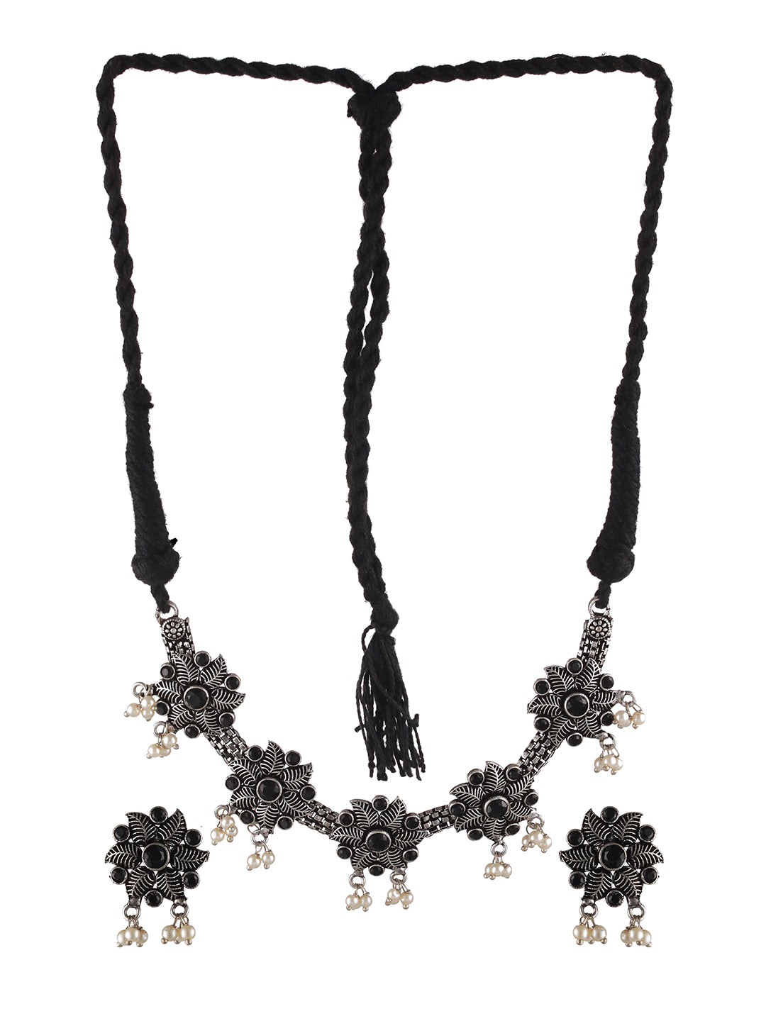 Oxidised Silver-Tone Black Stone Studded & Pearl Beaded Floral Jewellery Set - Jazzandsizzle
