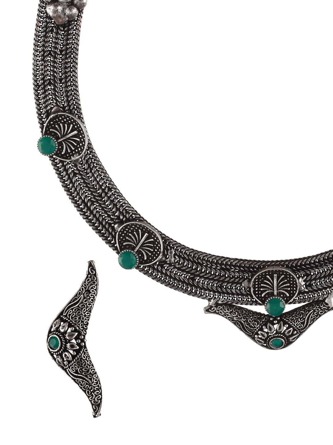 Oxidised Silver-Tone Green Stone Studded Filgree Jewellery Set - Jazzandsizzle