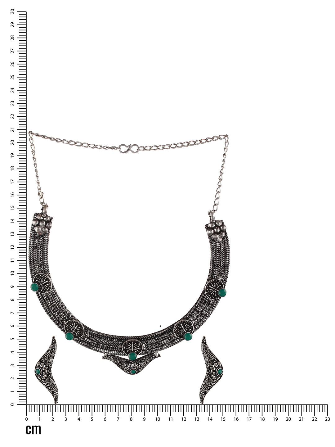 Oxidised Silver-Tone Green Stone Studded Filgree Jewellery Set - Jazzandsizzle