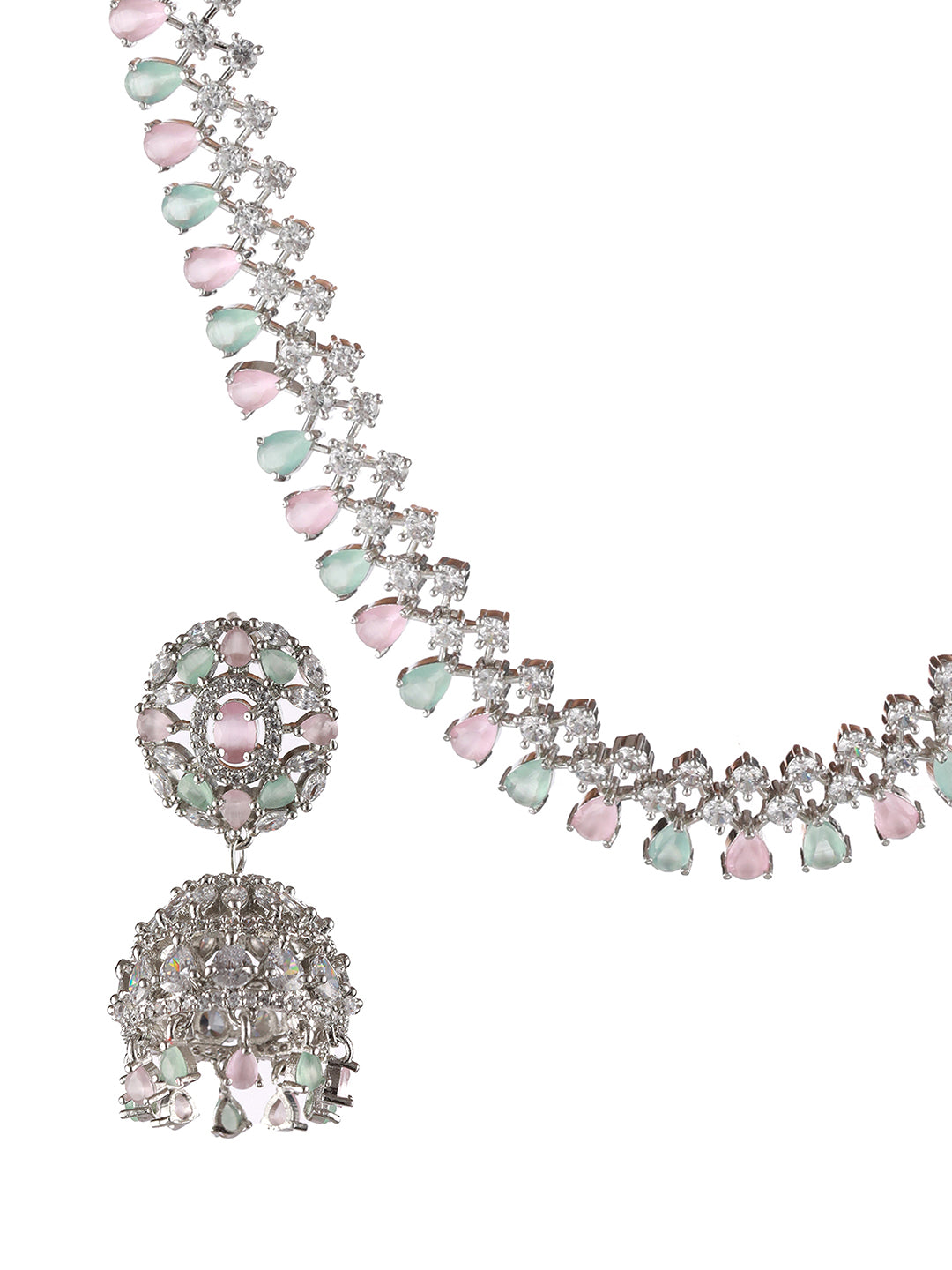 Silver Plated Pink & Mint Green American Diamond Studded Handcrafted Necklace Set With Maangtikka - Jazzandsizzle