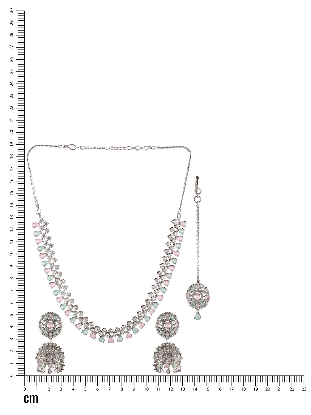 Silver Plated Pink & Mint Green American Diamond Studded Handcrafted Necklace Set With Maangtikka - Jazzandsizzle