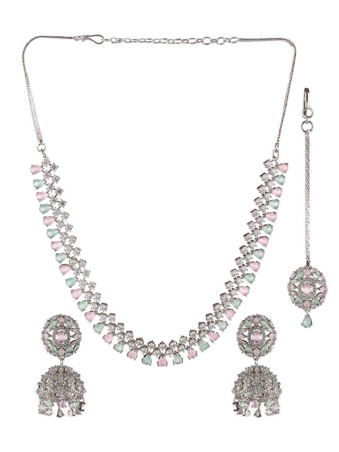 Silver Plated Pink & Mint Green American Diamond Studded Handcrafted Necklace Set With Maangtikka - Jazzandsizzle